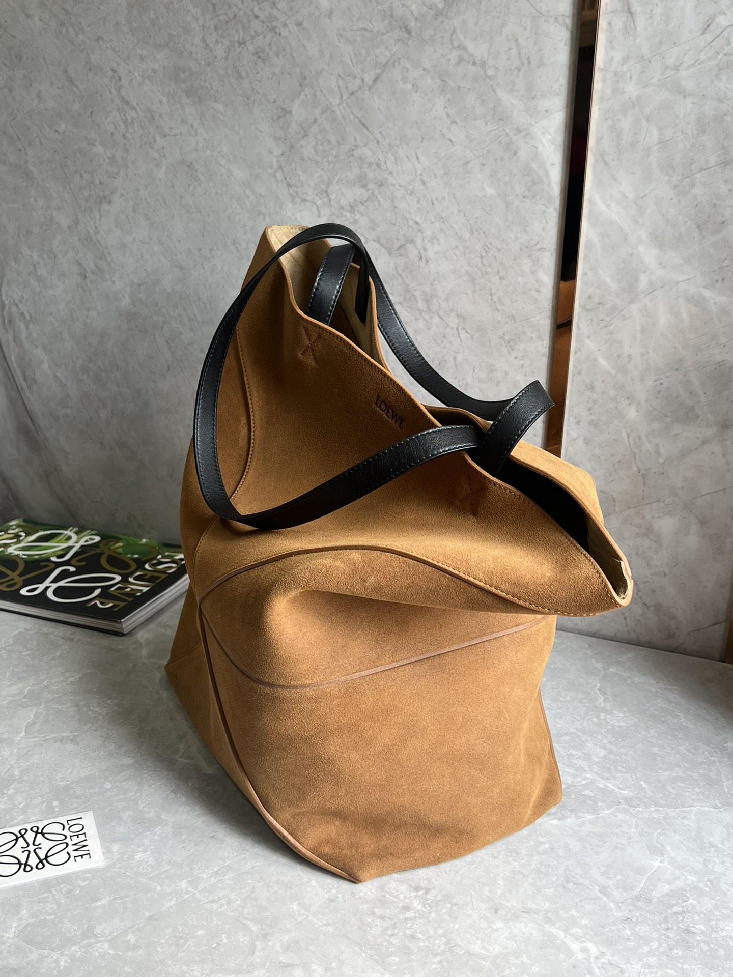 Loewe XL Puzzle Fold Tote in Suede Calfskin Brown